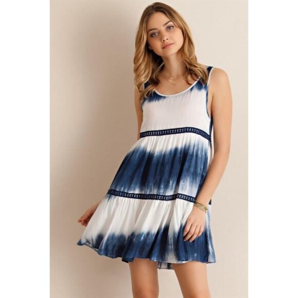 Boutique Dresses & Skirts - NWT Boutique Tie-Dye Blue & White Lace Inset Sleeveless Mini Swing Slip Dress